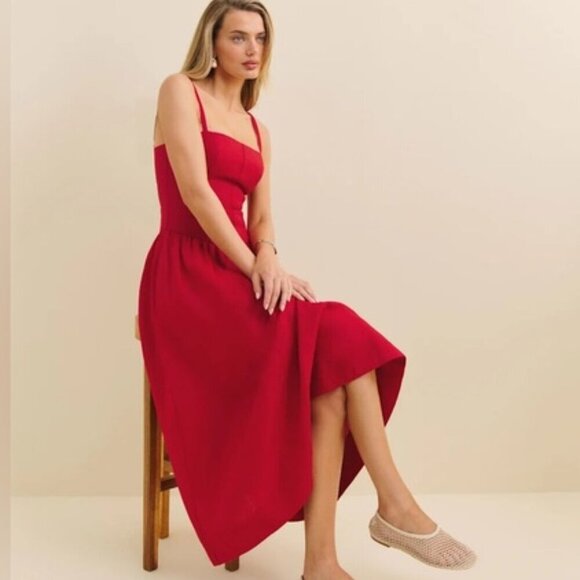 NEW Reformation Katarin Linen Midi Dress Lipstick Red Lace Detail | size 2 - Picture 4 of 12